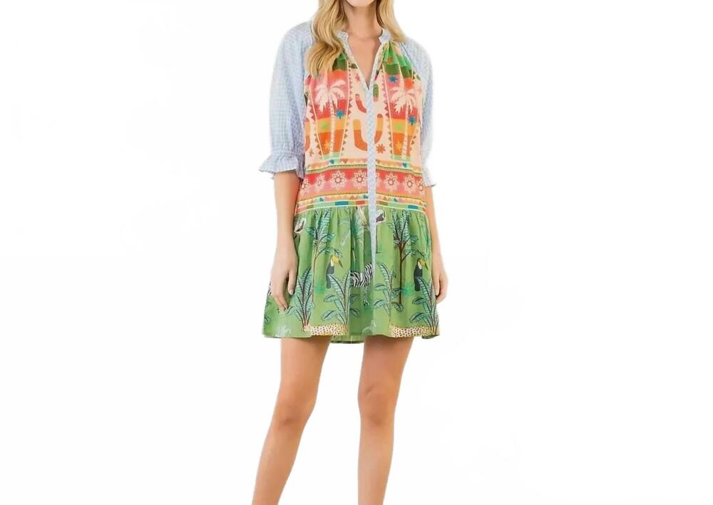 NEW THML multi patterned v neck dress in green